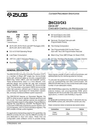 Z86C33 datasheet - CMOS Z8 CONSUMER CONTROLLER PROCESSOR