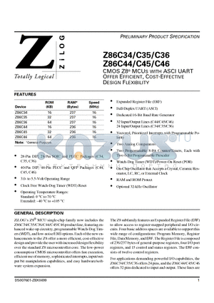 Z86C35 datasheet - CMOS Z8 MCUs WITH ASCI UART OFFER EFFICIENT, COST-EFFECTIVE DESIGN FLEXIBILITY