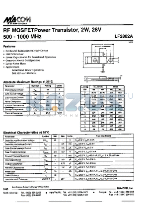 LF2802A datasheet - RF MOSFETPower Transistor,2W,28V 500-1000MHz