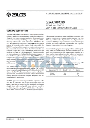 Z86C89QFP datasheet - ROMLESS CMOS Z8 8-BIT MICROCONTROLLER