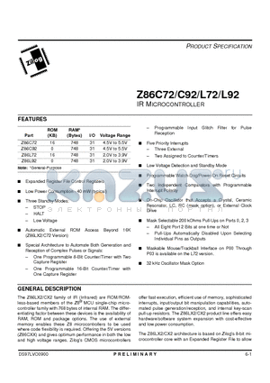 Z86C92 datasheet - IR MICROCONTROLLER