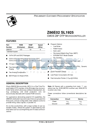 Z86E02SL1925 datasheet - CMOS Z8 OTP MICROCONTROLLER