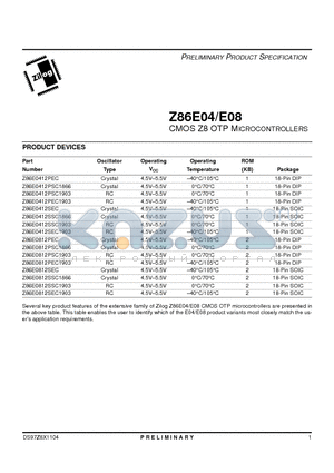 Z86E04 datasheet - CMOS Z8 OTP MICROCONTROLLERS