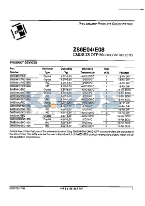 Z86E0412PEC datasheet - CMOS Z8 OTP Microcontrollers