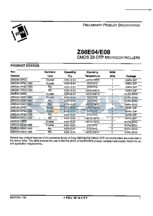 Z86E0812SSC1903 datasheet - CMOS Z8 OTP Microcontrollers