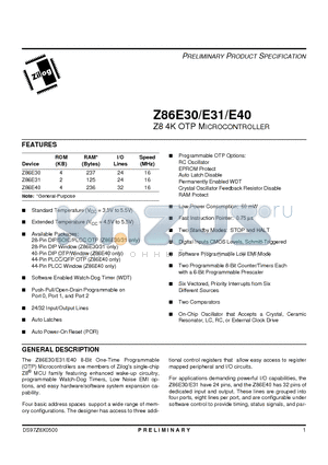 Z86E3016FEE datasheet - Z8 4K OTP Microcontroller