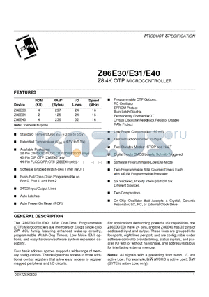 Z86E3016PSC datasheet - Z8 4K OTP MICROCONTROLLER