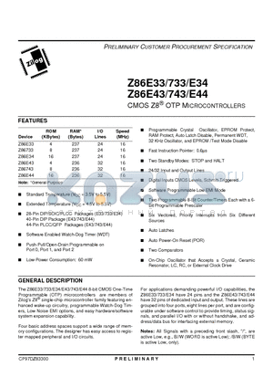 Z86E33 datasheet - CMOS Z8 OTP Microcontrollers