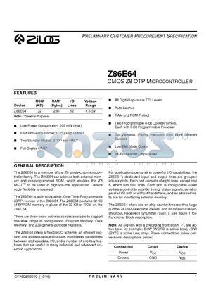 Z86E64 datasheet - CMOS Z8 OTP Microcontroller