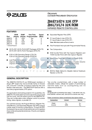 Z86E74 datasheet - INFRARED REMOTE CONTROLLERS