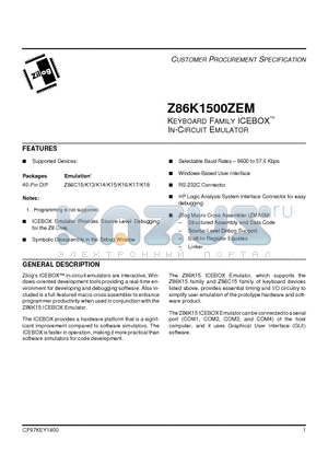 Z86K1500ZEM datasheet - KEYBOARD FAMILY ICEBOX IN-CIRCUIT EMULATOR