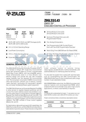 Z86L33 datasheet - CMOS Z8 CONSUMER CONTROLLER PROCESSOR