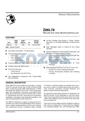 Z86L78 datasheet - IR/Low-Voltage Microcontroller