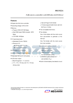 MLC822A datasheet - 8-Bit micro-controller with 660 dots LCD Driver