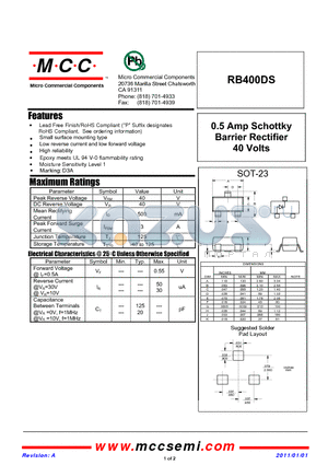 RB400DS datasheet - 0.5 Amp Schottky Barrier Rectifier 40 Volts