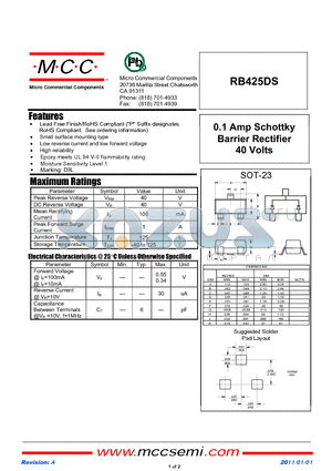 RB425DS datasheet - 0.1 Amp Schottky Barrier Rectifier 40 Volts