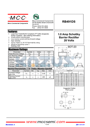 RB491DS datasheet - 1.0 Amp Schottky Barrier Rectifier 20 Volts