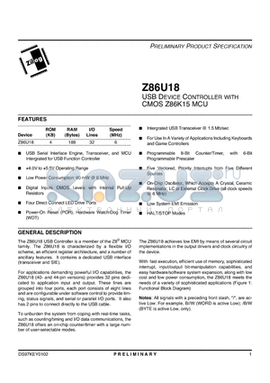 Z86U18 datasheet - USB Device Controller with CMOS Z86K15 MCU