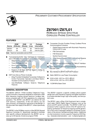 Z87L01 datasheet - ROMless Spread Spectrum Cordless Phone Controller