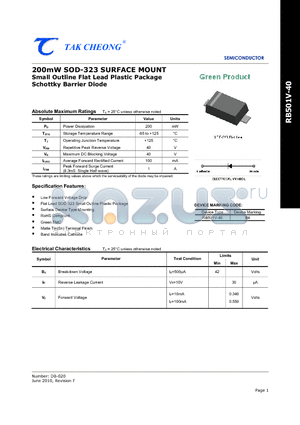 RB501V-40 datasheet - 200mW SOD-323 SURFACE MOUNT Small Outline Flat Lead Plastic Package Schottky Barrier Diode