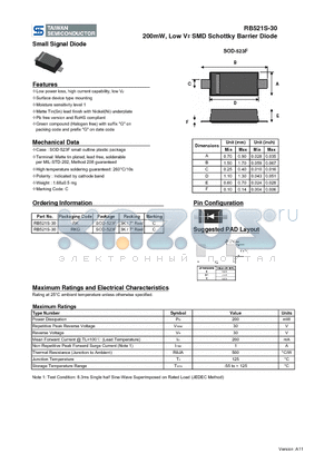 RB521S-30 datasheet - 200mW, Low VF SMD Schottky Barrier Diode