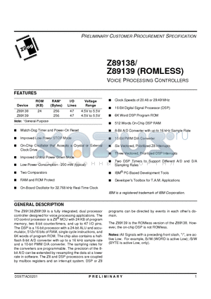 Z89139 datasheet - Voice Processing Controllers