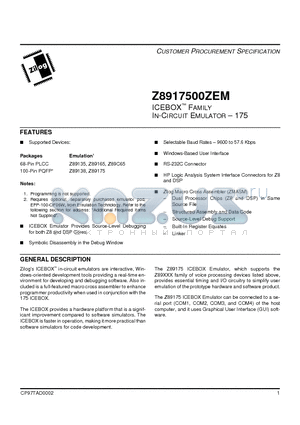 Z8917500ZEM datasheet - ICEBOX FAMILY IN-CIRCUIT EMULATOR - 175