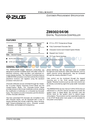 Z89302 datasheet - Digital Television Controller