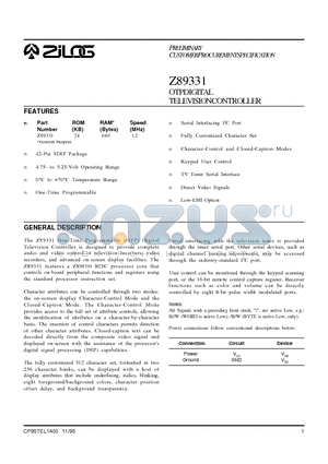 Z89331 datasheet - OTP DIGITAL TELEVISIONCONTROLLER