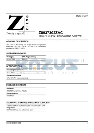Z8937302ZAC datasheet - 64-PIN PROGRAMMING ADAPTER