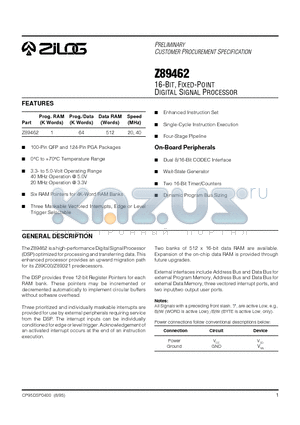 Z89462 datasheet - 16-BIT, FIXED-POINT DIGITAL SIGNAL PROCESSOR