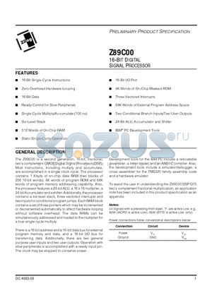 Z89C00 datasheet - 16-BIT DIGITAL SIGNAL PROCESSOR