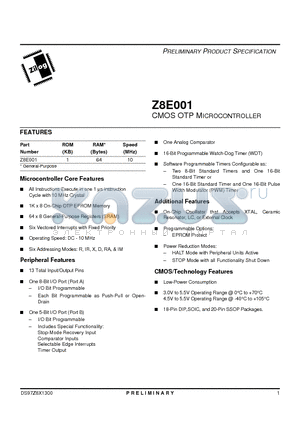 Z8E001 datasheet - CMOS OTP Microcontroller