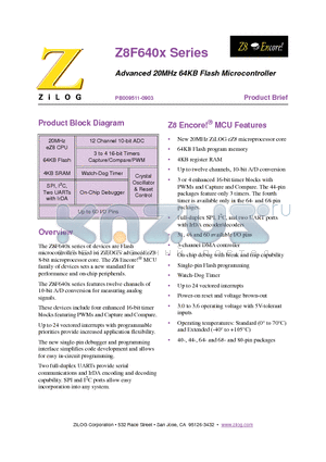 Z8F6402VS020SC datasheet - Advanced 20MHz 64KB Flash Microcontroller