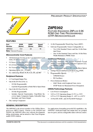 Z8PE002PZ010SC datasheet - FEATURE-ENHANCED Z8PLUS 0.5K ROM ONE-TIME PROGRAMMABLE(OTP) MICROCONTROLLER