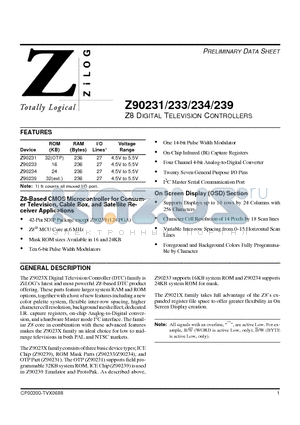 Z90231 datasheet - Z8 DIGITAL TELEVISION CONTROLLERS