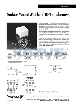 Z9169-A datasheet - SurfaceMountWidebandRFTransformers