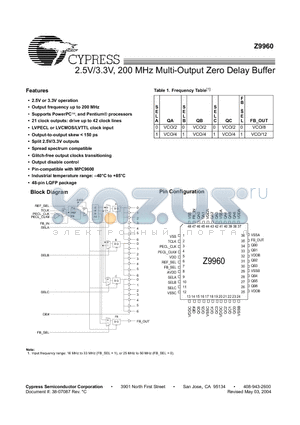 Z9960 datasheet - 2.5V/3.3V, 200 MHz Multi-Output Zero Delay Buffer