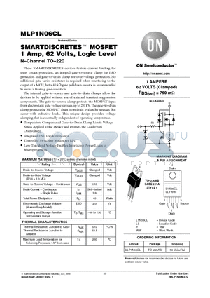 MLP1N06CL datasheet - SMARTDISCRETES TM MOSFET 1 Amp, 62 Volts, Logic Level N-Channel TO-220