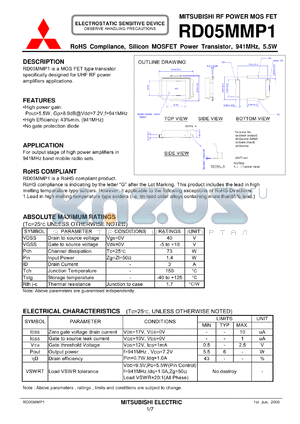 RD05MMP1 datasheet - RoHS Compliance, Silicon MOSFET Power Transistor, 941MHz, 5.5W