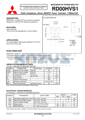 RD00HVS1 datasheet - RoHS Compliance, Silicon MOSFET Power Transistor 175MHz,0.5W