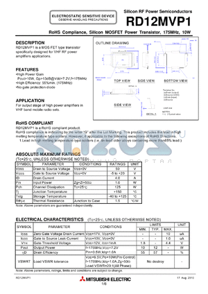 RD12MVP1 datasheet - RoHS Compliance, Silicon MOSFET Power Transistor, 175MHz, 10W