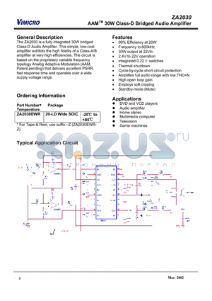 ZA2030EWR datasheet - AAM 30W Class-D Bridged Audio Amplifier