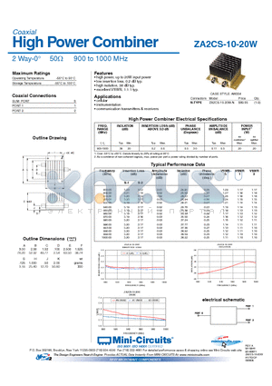 ZA2CS-10-20W datasheet - High Power Combiner 2 Way-0 50Y 900 to 1000 MHz