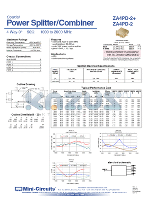 ZA4PD-2 datasheet - Power Splitter/Combiner 4 Way-0` 50Y 1000 to 2000 MHz