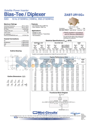 ZABT-2R15G+ datasheet - Bias -Tee / Diplexer 50Y 10 to 2150MHz (10MHz, 950-2150MHz)