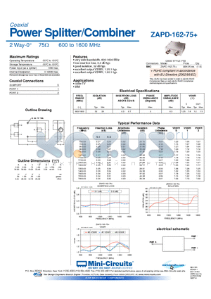 ZAPD-162-75 datasheet - Power Splitter/Combiner 2 Way-0 75Y 600 to 1600 MHz