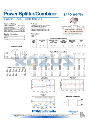 ZAPD-162-75+ datasheet - Power Splitter/Combiner 2 Way-0 75Y 600 to 1600 MHz