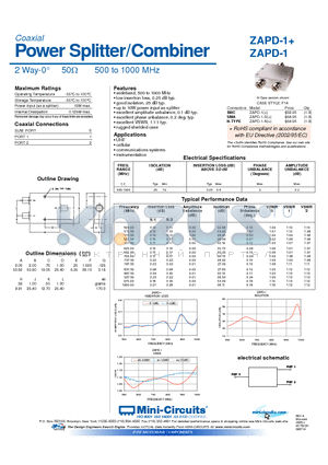 ZAPD-1+ datasheet - Power Splitter/Combiner 2 Way-0 50Y 500 to 1000 MHz