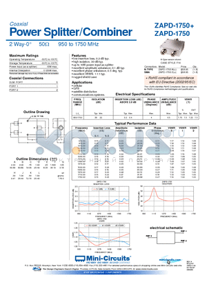 ZAPD-1750 datasheet - Power Splitter/Combiner 2 Way-0 50Y 950 to 1750 MHz